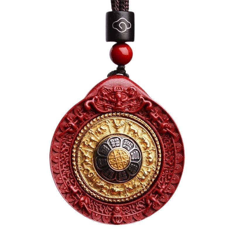 Natural cinnabar six-character mantra transfer wheel pendant Tai Chi Bagua when to run the heart sutra necklace pendant